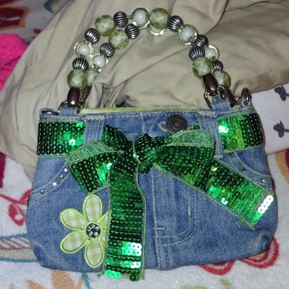 Adorable upcycled tiny jean purse with beads!